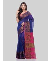 DESH BIDESH Women`s Tant Cotton Silk Handloom Cotton Saree Pushpomala With Blouse Piece(Blue Pink)